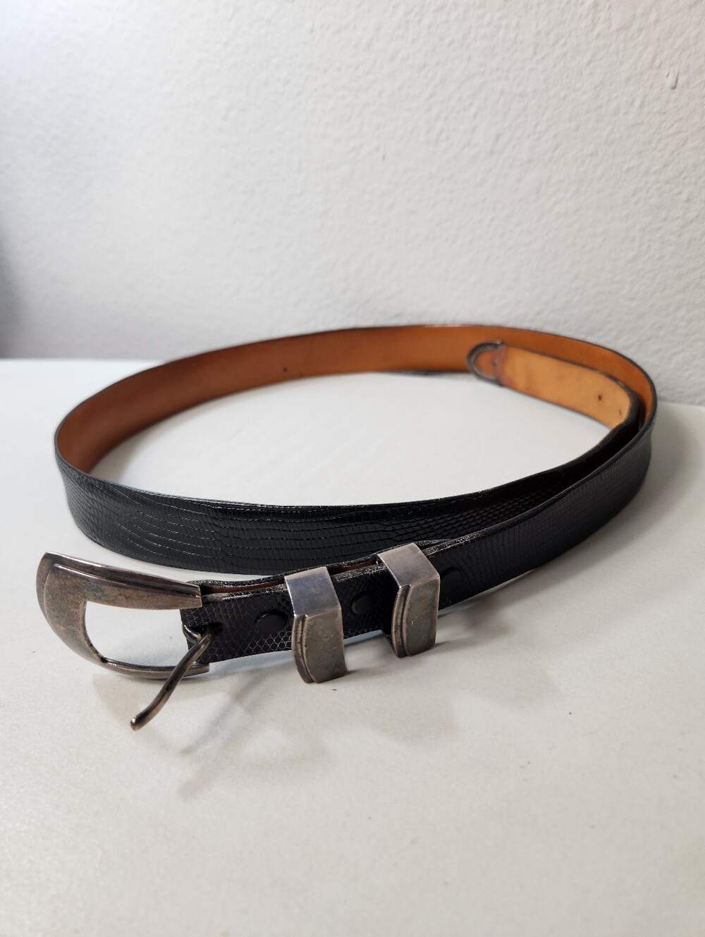 James Reid Mens |38| Black Genuine Lizard Sterling Silver Belt